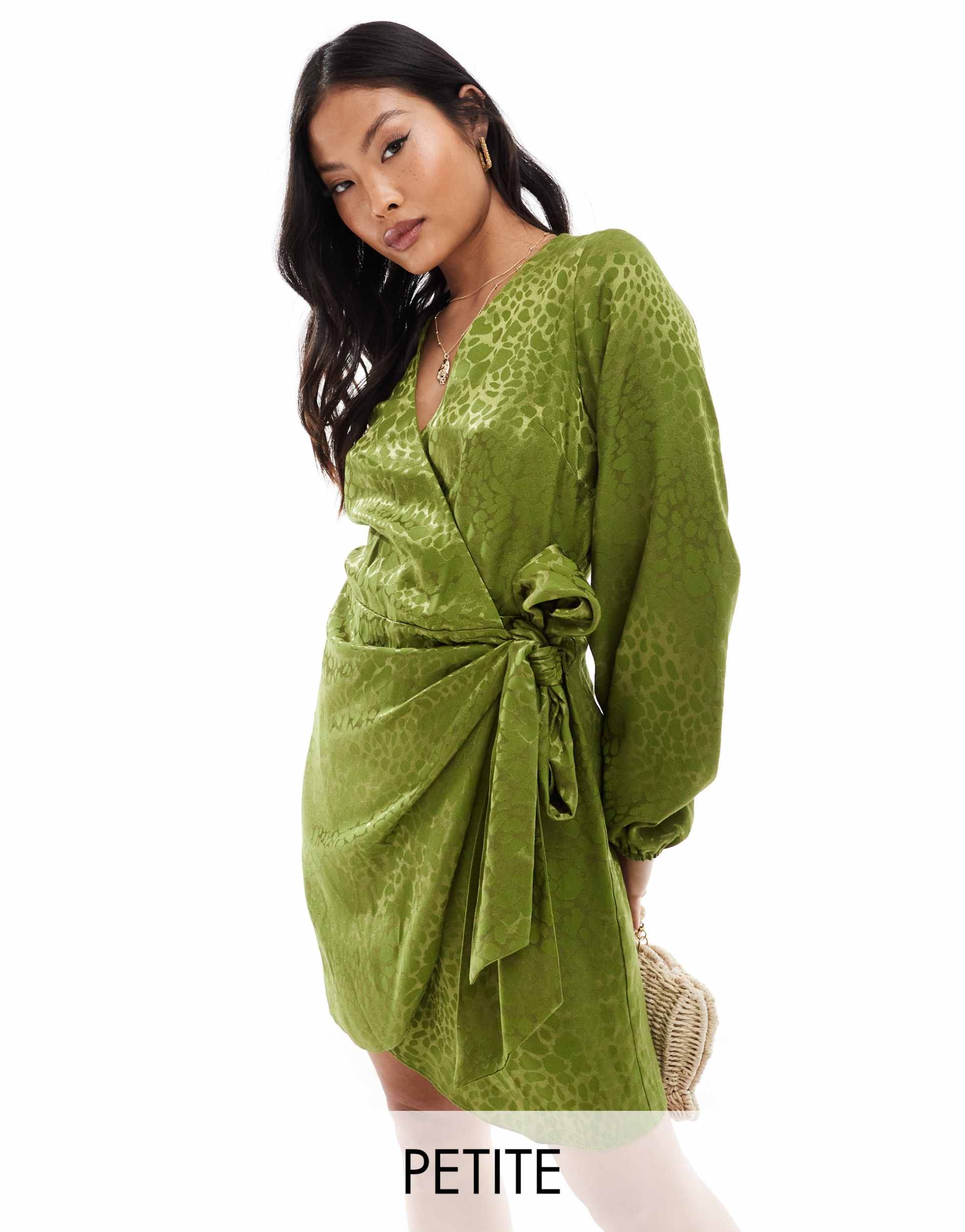 never fully dressed petite vienna jacquard satin mini dress in green