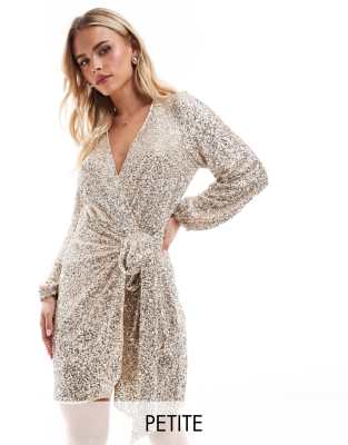 Petite Vienna sequin wrap mini dress in silver