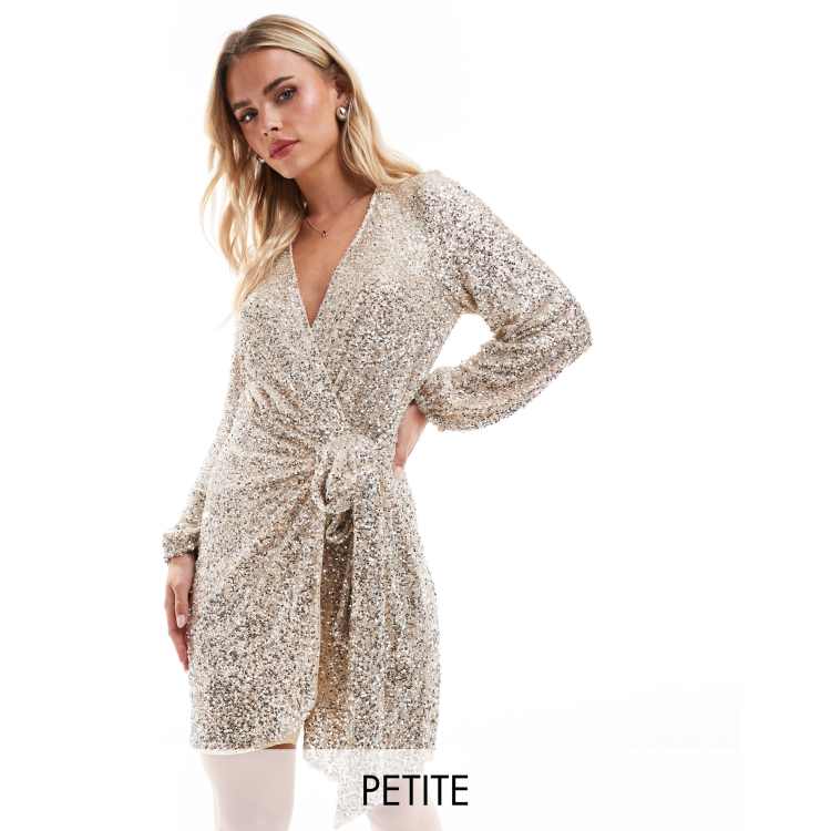 Never Fully Dressed Petite Vienna sequin wrap mini dress in silver | ASOS