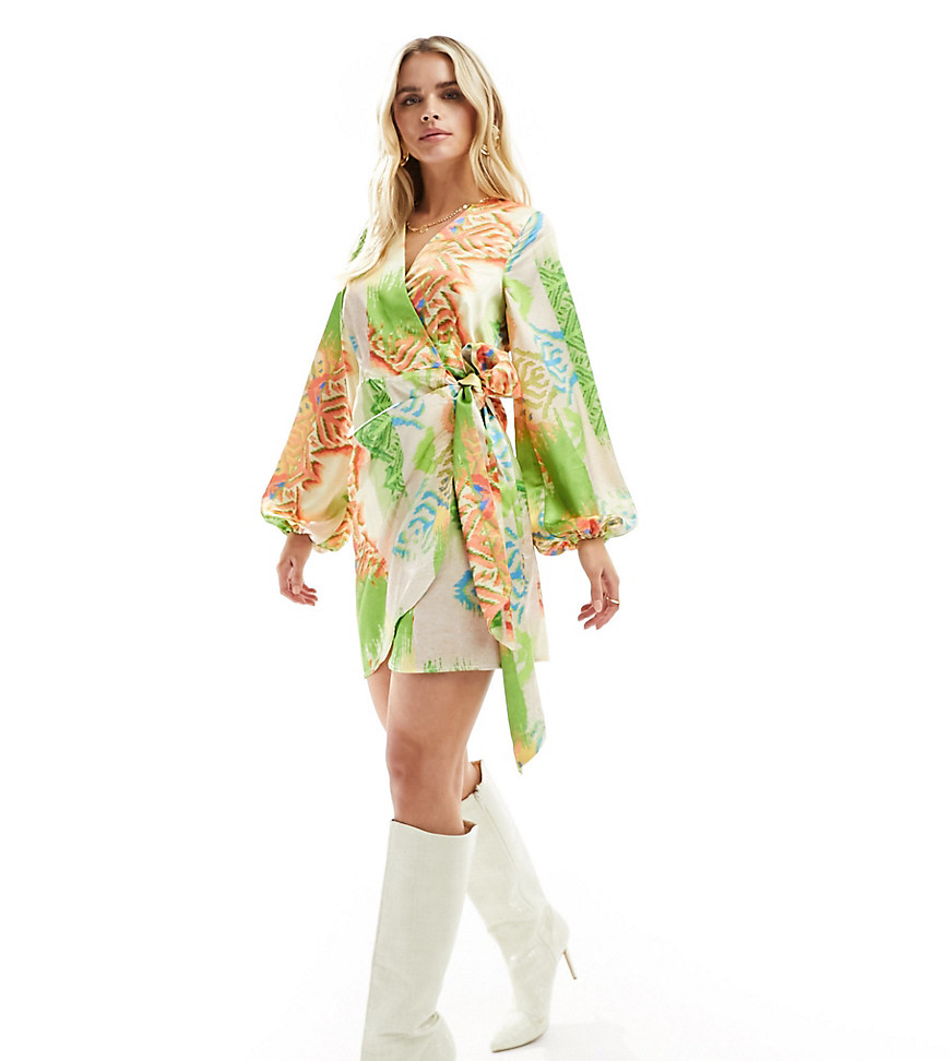 Never Fully Dressed Petite Wrap Mini Dress In Green Abstract Print