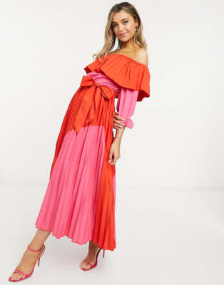 red and pink pleated dress