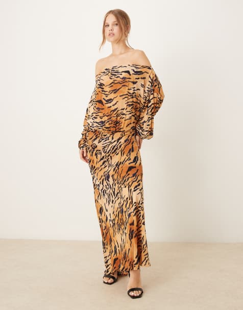 Never Fully Dressed plisse off shoulder maxi dress in tiger print