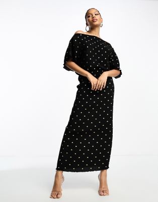 Never Fully Dressed plisse off shoulder maxi dress in black and gold