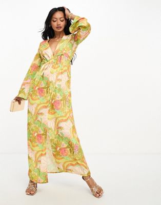 Never Fully Dressed plunge pleated maxi dress in sunset tropic print
