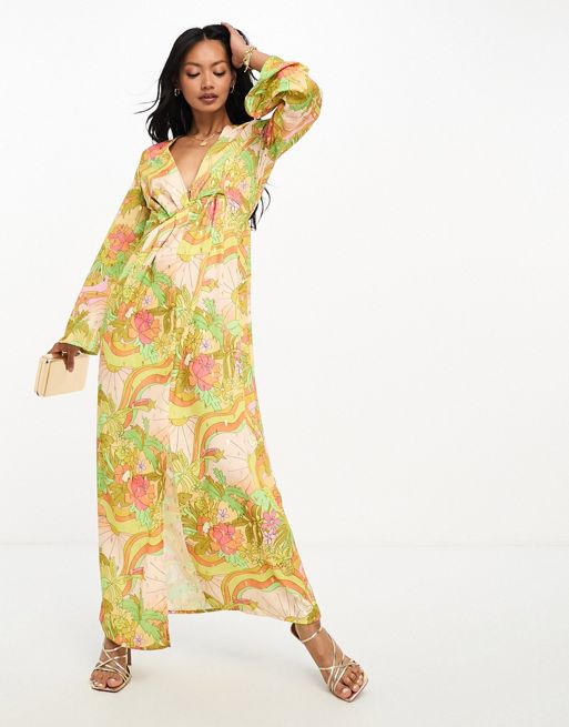 Never Fully Dressed plunge pleated maxi dress in sunset tropic print | ASOS