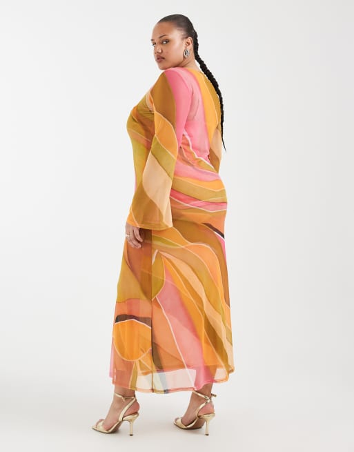 Never Fully Dressed Plus - Aria - Maxi jurk van mesh met lange mouwen en abstracte print in multi, 3 van 4