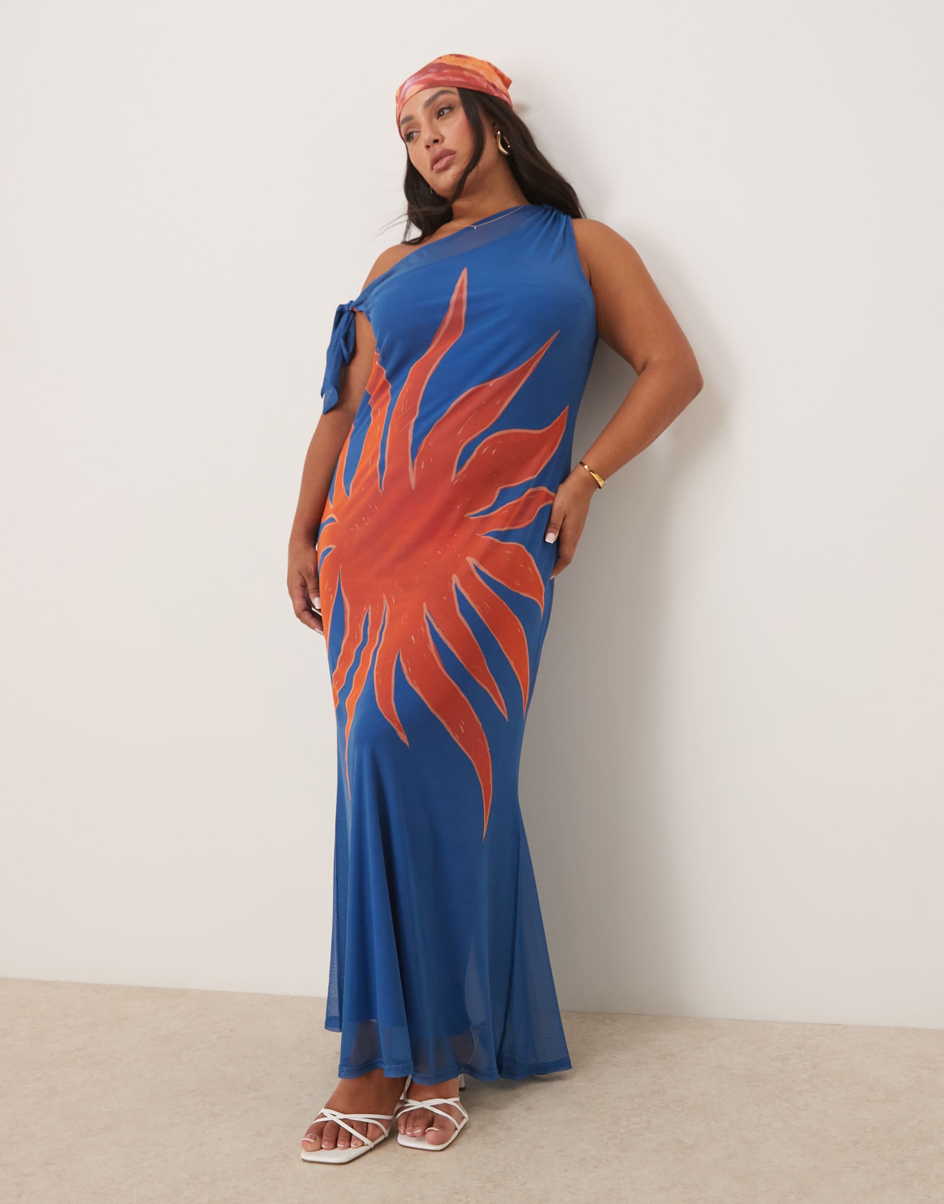 never fully dressed plus asymmetric off shoulder maxi dress in blue sun print