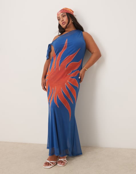 Never Fully Dressed Plus asymmetric off shoulder maxi dress in blue sun print