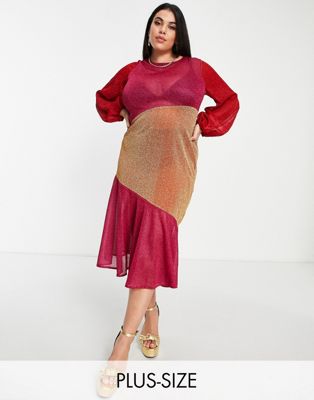 Never Fully Dressed Plus balloon sleeve maxi dress in contrast panels