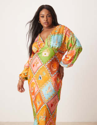 balloon sleeve midaxi dress in multi print