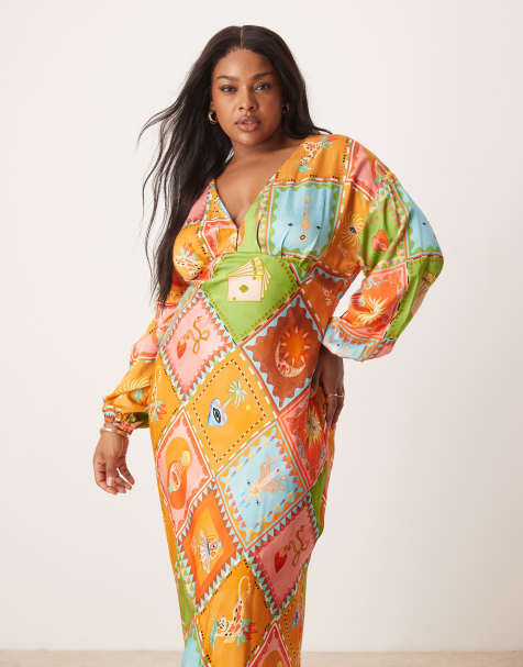 Never Fully Dressed Plus balloon sleeve midaxi dress in multi print