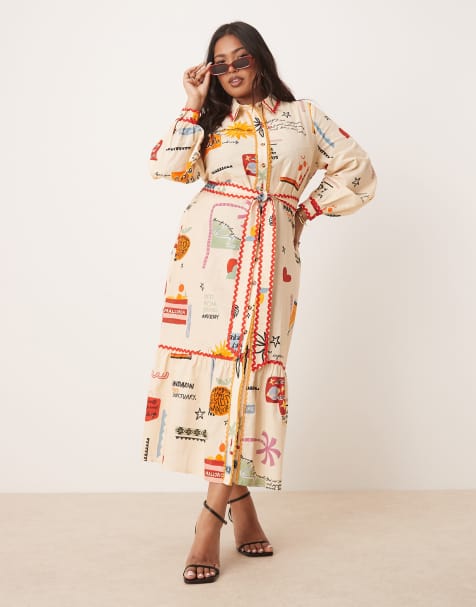 Never Fully Dressed Plus belted shirt midaxi dress in cream print - view 1