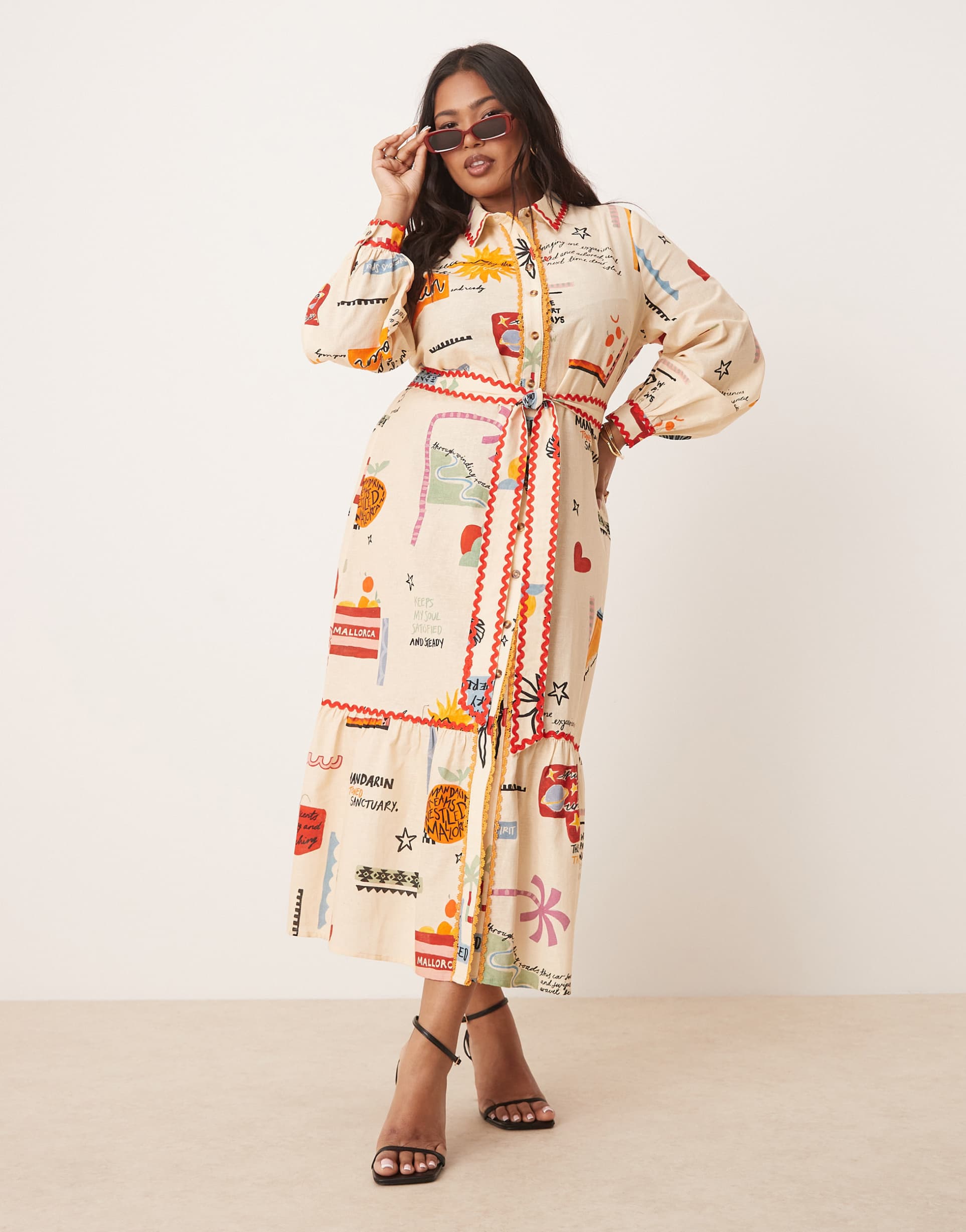 never fully dressed plus belted shirt midaxi dress in cream print