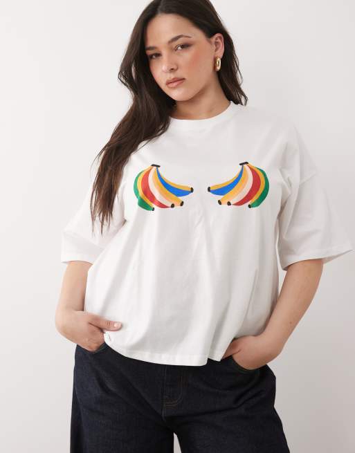 Never Fully Dressed Plus – Biały bawełniany T-shirt z nadrukiem bananów z przodu, 3 z 4