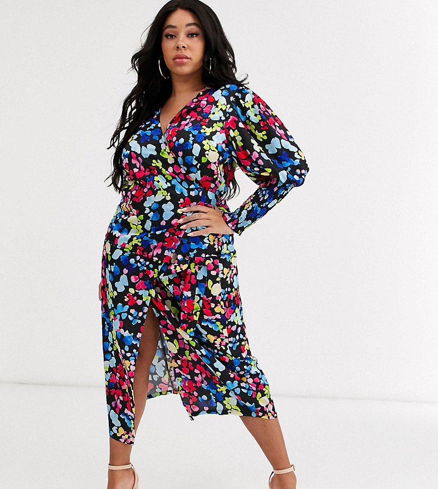 Never Fully Dressed Plus - Blouse met overslag, gestrikte voorkant en neon bloemenprint-Multi