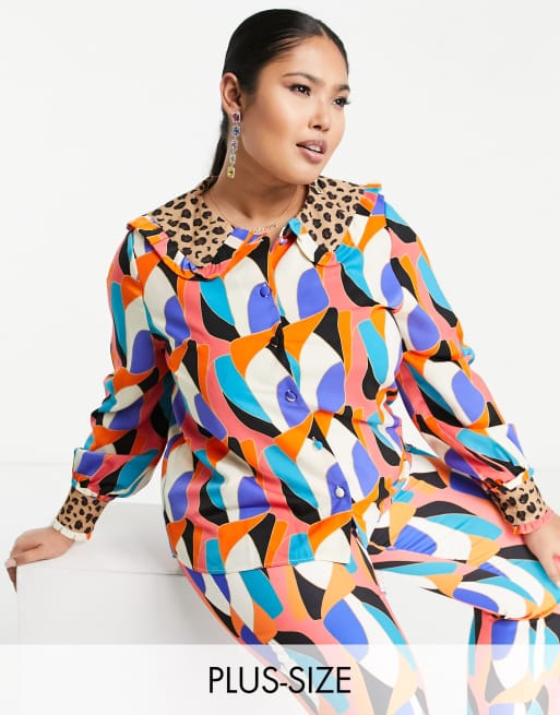 Never Fully Dressed Plus - Bluse med kontrastkrave i abstrakt leopardprint - Del af sæt