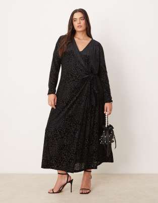 burnout velvet wrap midaxi dress in black