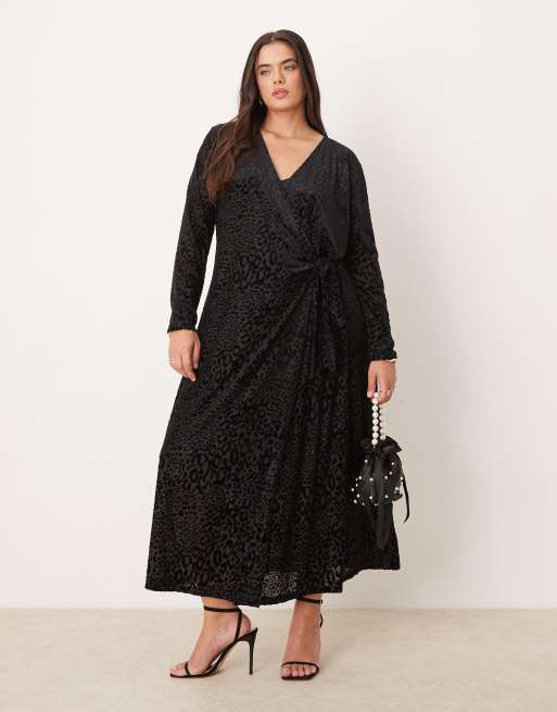 Never Fully Dressed Plus burnout velvet wrap midaxi dress in black ASOS