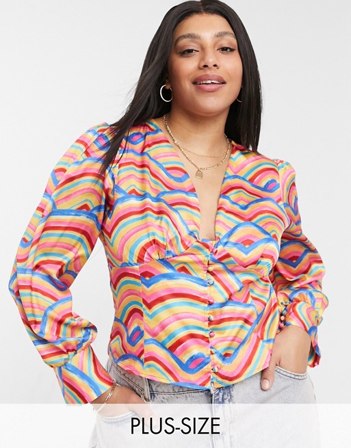 Never Fully Dressed Plus button detail blouse co-ord in rainbow tile print