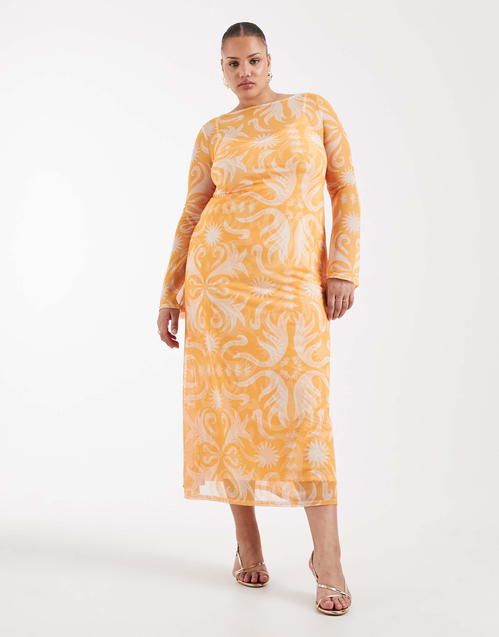 never fully dressed plus cairo reversible mesh midaxi dress in orange sol print
