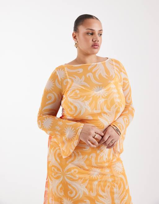 Never Fully Dressed Plus – Cairo – Wendbares Maxikleid aus Netzstoff in Orange mit Sonnen-Print, 4 von 4