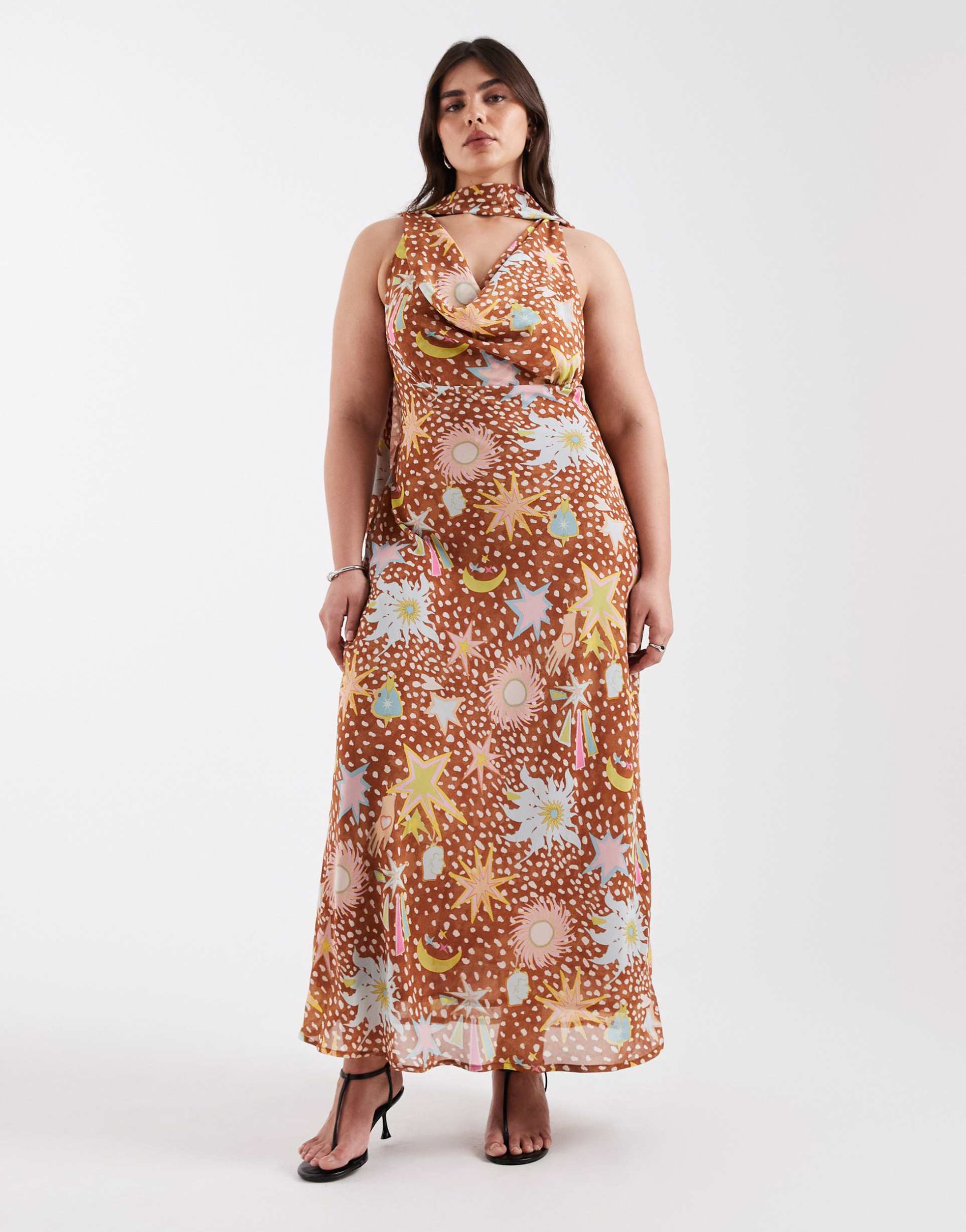 never fully dressed plus chiffon cowl scarf neck maxi dress in deer star print