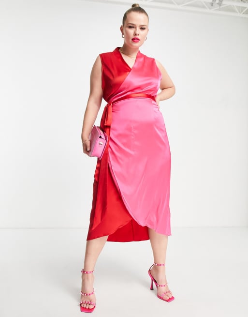 Never Fully Dressed Plus colour block satin wrap midi dress in red and pink