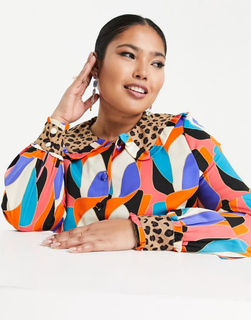 Never Fully Dressed Plus contrast collar blouse co-ord in abstract leopard print, 3 of 4