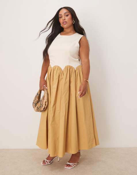 Never Fully Dressed Plus contrast drop hem midaxi dress in camel