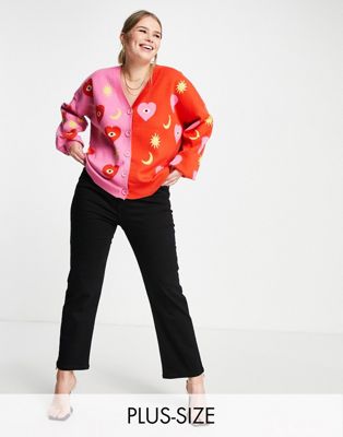 Never Fully Dressed Plus contrast knit cardigan in pink and red