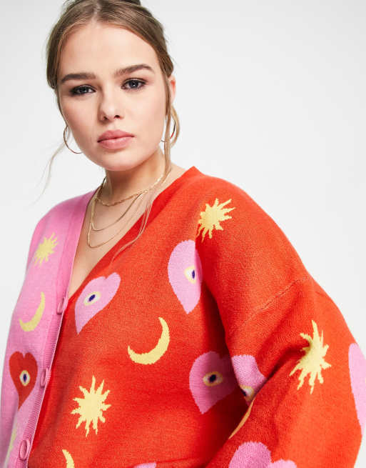 Never Fully Dressed Plus contrast knit cardigan in pink and red | ASOS