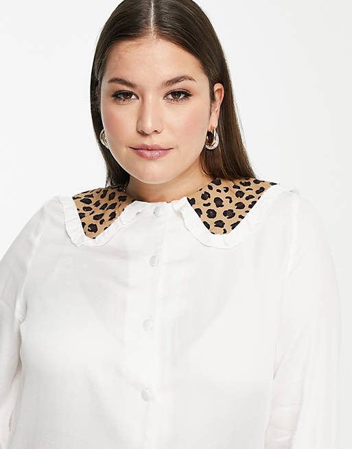 Tops Shirts & Blouses/Never Fully Dressed Plus contrast leopard collar blouse in white 
