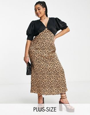 Never Fully Dressed Plus contrast puff sleeve maxi dress in black leopard print
