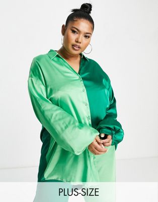 Never Fully Dressed Plus contrast shirt co-ord in green colour block