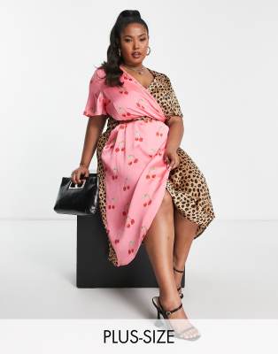 Never Fully Dressed Plus Never Fully Dressed Plus contrast wrap midi dress in cherry leopard print-Multi