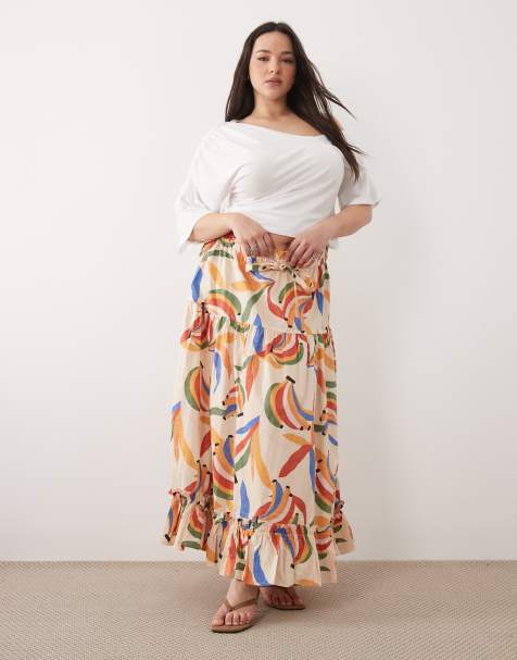Never Fully Dressed Plus cotton tiered maxi skirt in cream banana print - view 1
