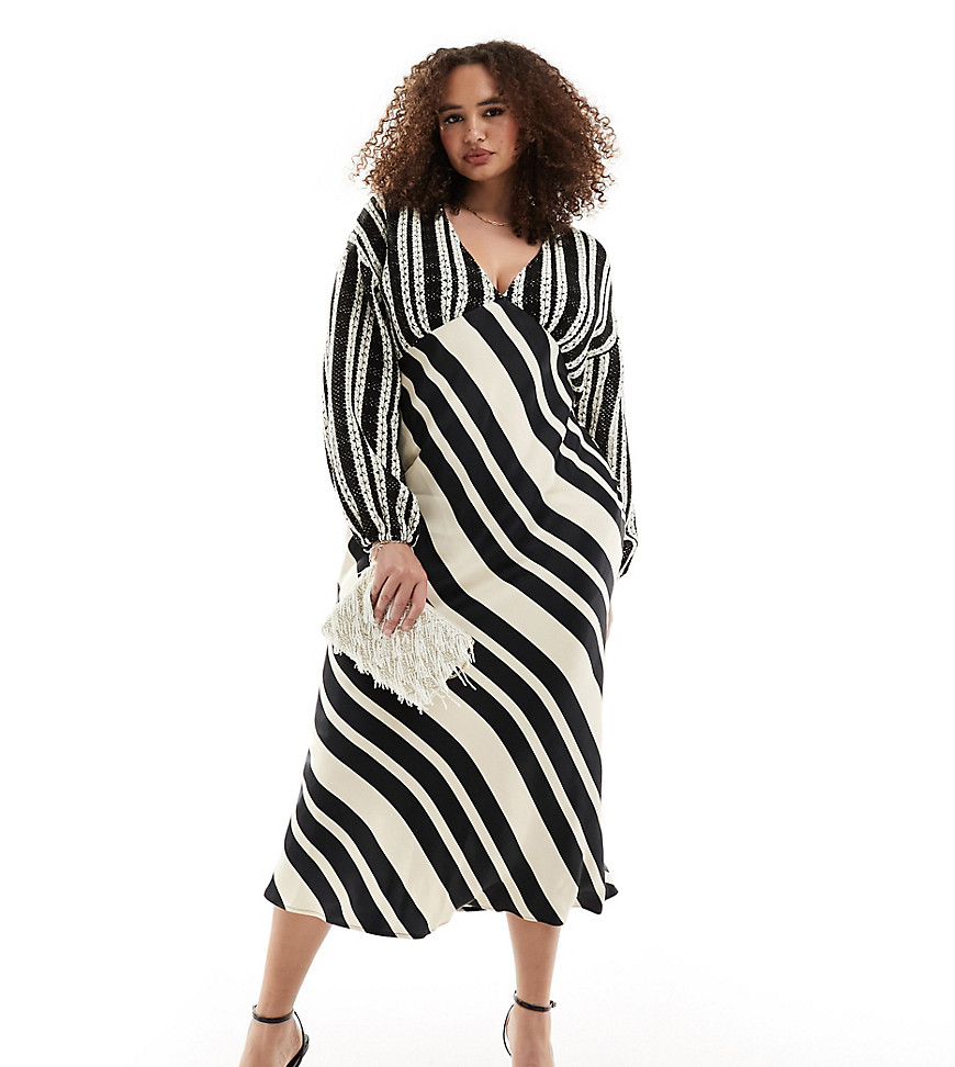 crochet balloon sleeve maxi dress in monochrome stripe-Black