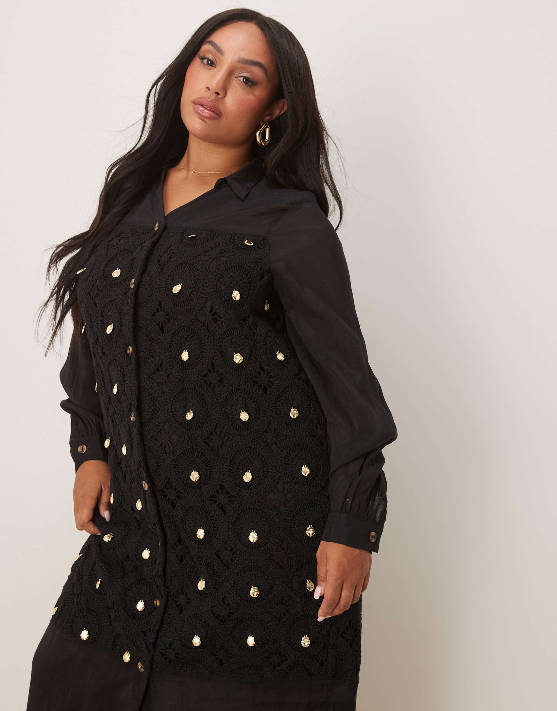 never fully dressed plus crochet longline shirt dress in black