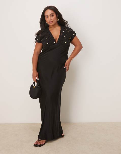 Never Fully Dressed Plus crochet shell maxi dress in black