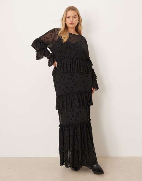 Never Fully Dressed Plus star devoree ruffle maxi dress in black