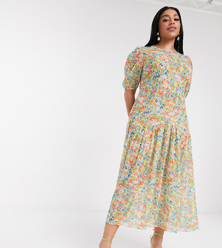 Never Fully Dressed Plus - Doorschijnende gelaagde maxi-jurk met A-lijn, pofmouwen en gele bloemenprint-Multi