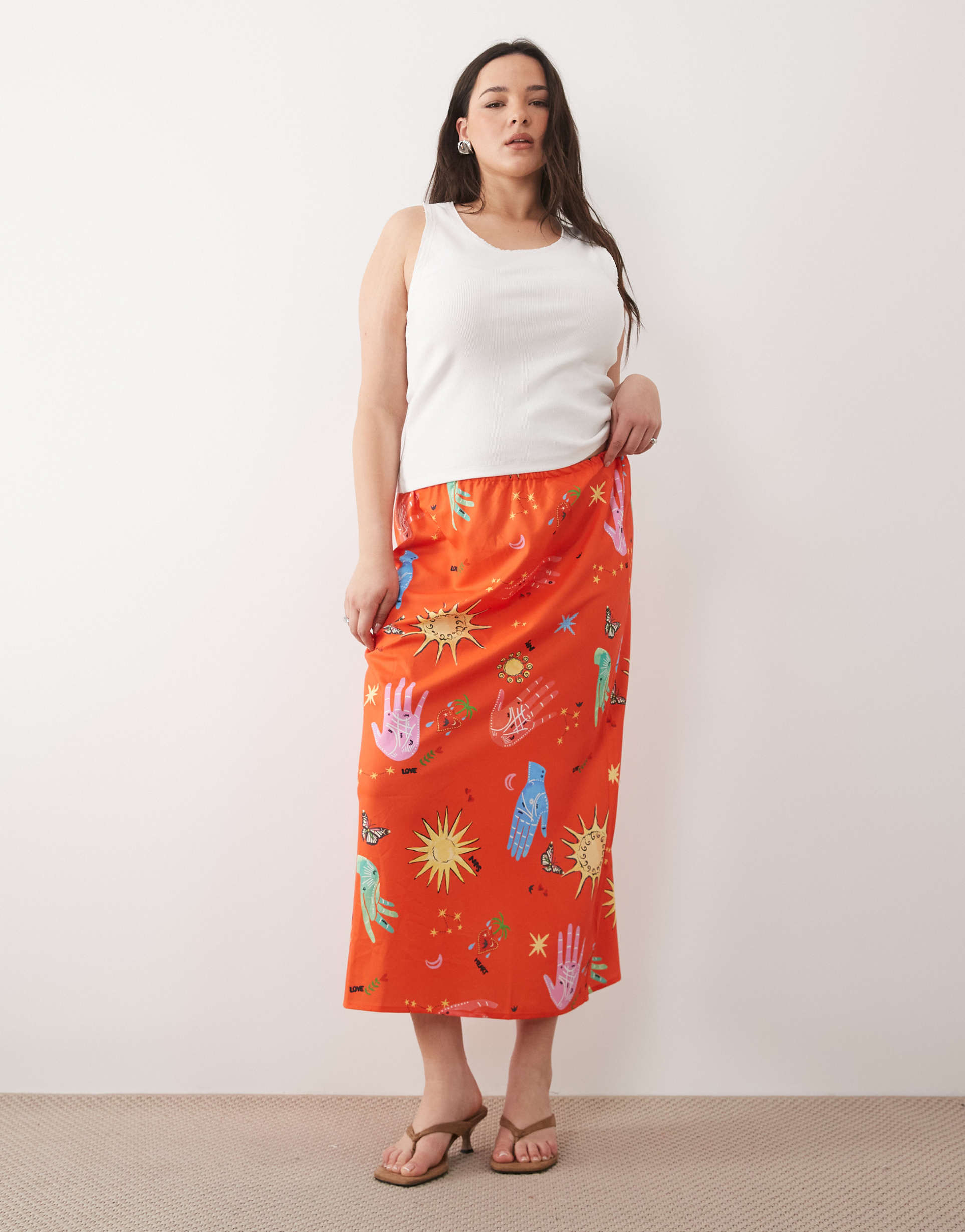 never fully dressed plus dorris satin maxi skirt in red celestial print