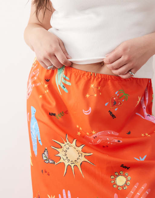 Never Fully Dressed Plus Dorris satin maxi skirt in red celestial print, 3 of 5