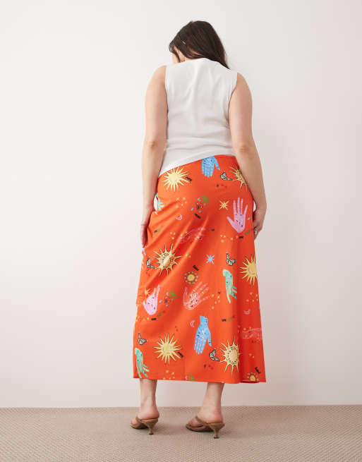 Never Fully Dressed Plus Dorris satin maxi skirt in red celestial print, 5 of 5