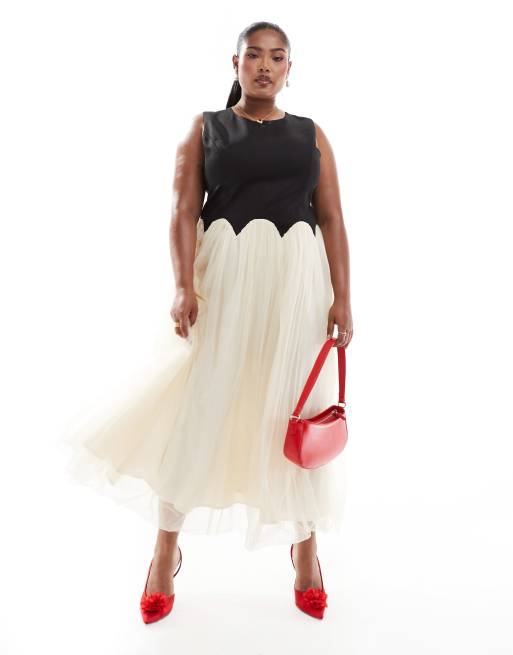 Never Fully Dressed Plus drop hem midaxi dress in black and cream