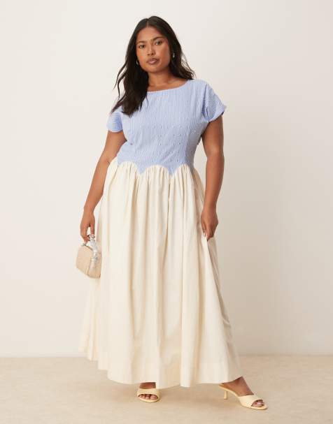 Never Fully Dressed Plus drop hem stripe cotton midaxi dress in blue and white - view 1