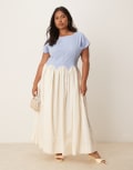 [Never Fully Dressed Plus] Never Fully Dressed Plus drop hem stripe cotton midaxi dress in blue and white 20 Blue & White