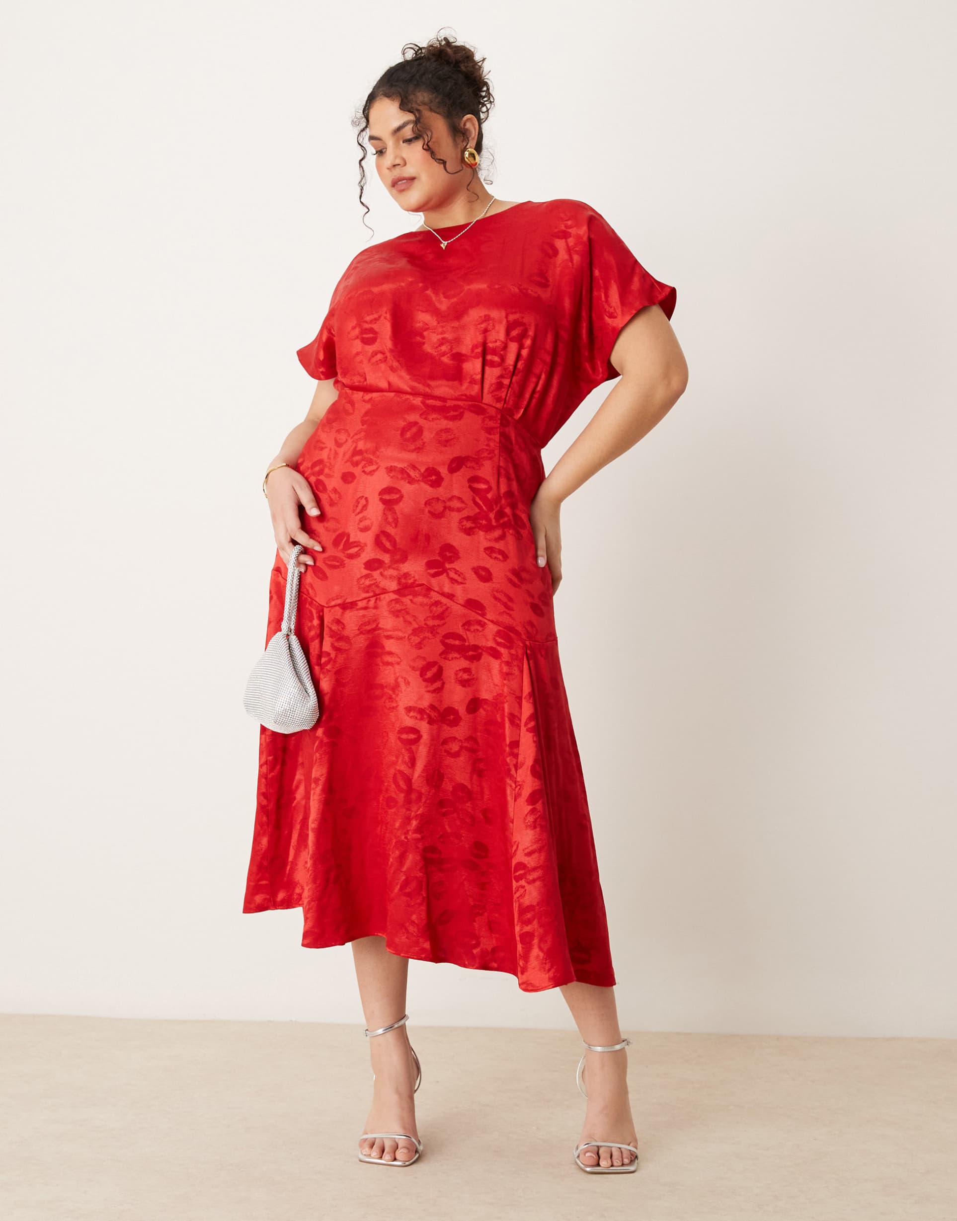 never fully dressed plus embossed satin midaxi dress in red