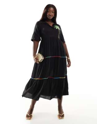 embroidered contrast stitch midaxi shirt dress in black