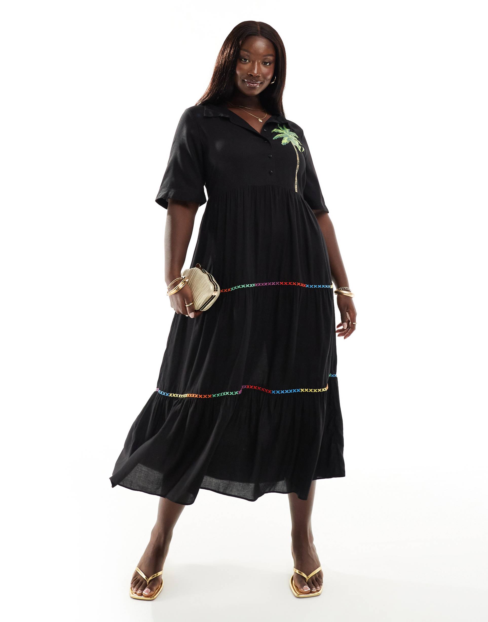 never fully dressed plus embroidered contrast stitch midaxi shirt dress in black